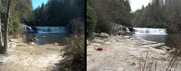 Various shots of Hooker Falls Before and after restoration efforts